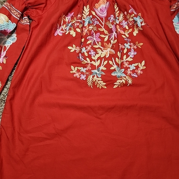 FREE PEOPLE DRESS SHIRT EMBROIDERED FLOWERS RED S/P - Picture 8 of 9